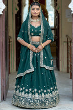 Vedant Vastram Embroidered Heavy Georgette Lehenga Choli With Blouse & Dupatta - Green