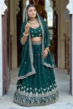 Vedant Vastram Embroidered Heavy Georgette Lehenga Choli With Blouse & Dupatta - Green