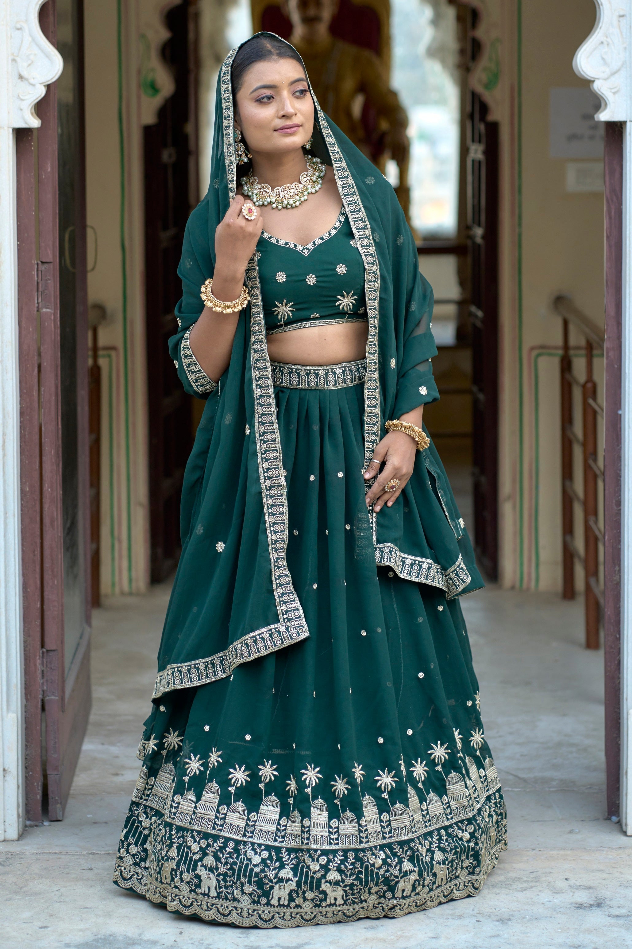 Vedant Vastram Embroidered Heavy Georgette Lehenga Choli With Blouse & Dupatta - Green