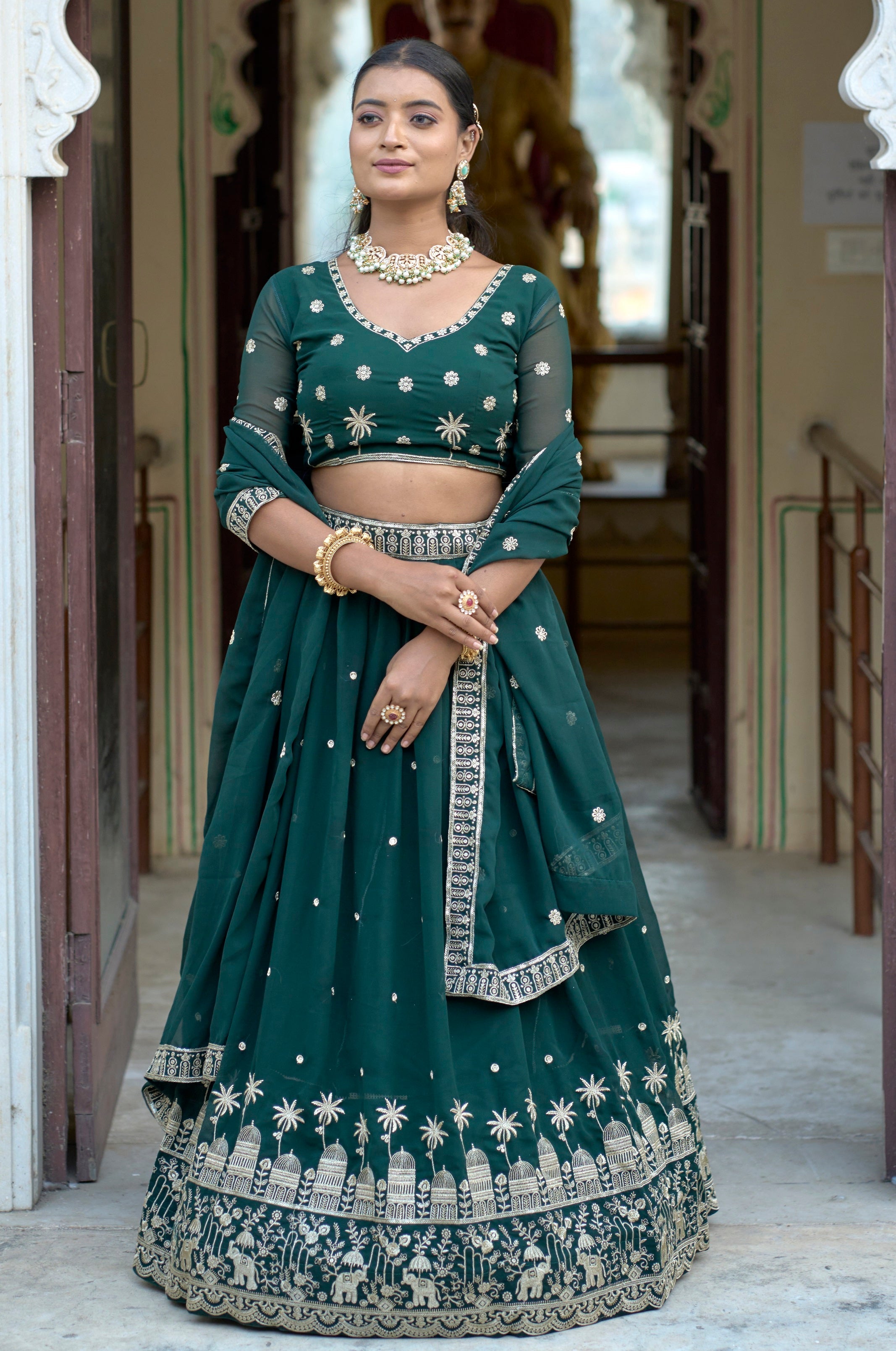Vedant Vastram Embroidered Heavy Georgette Lehenga Choli With Blouse & Dupatta - Green