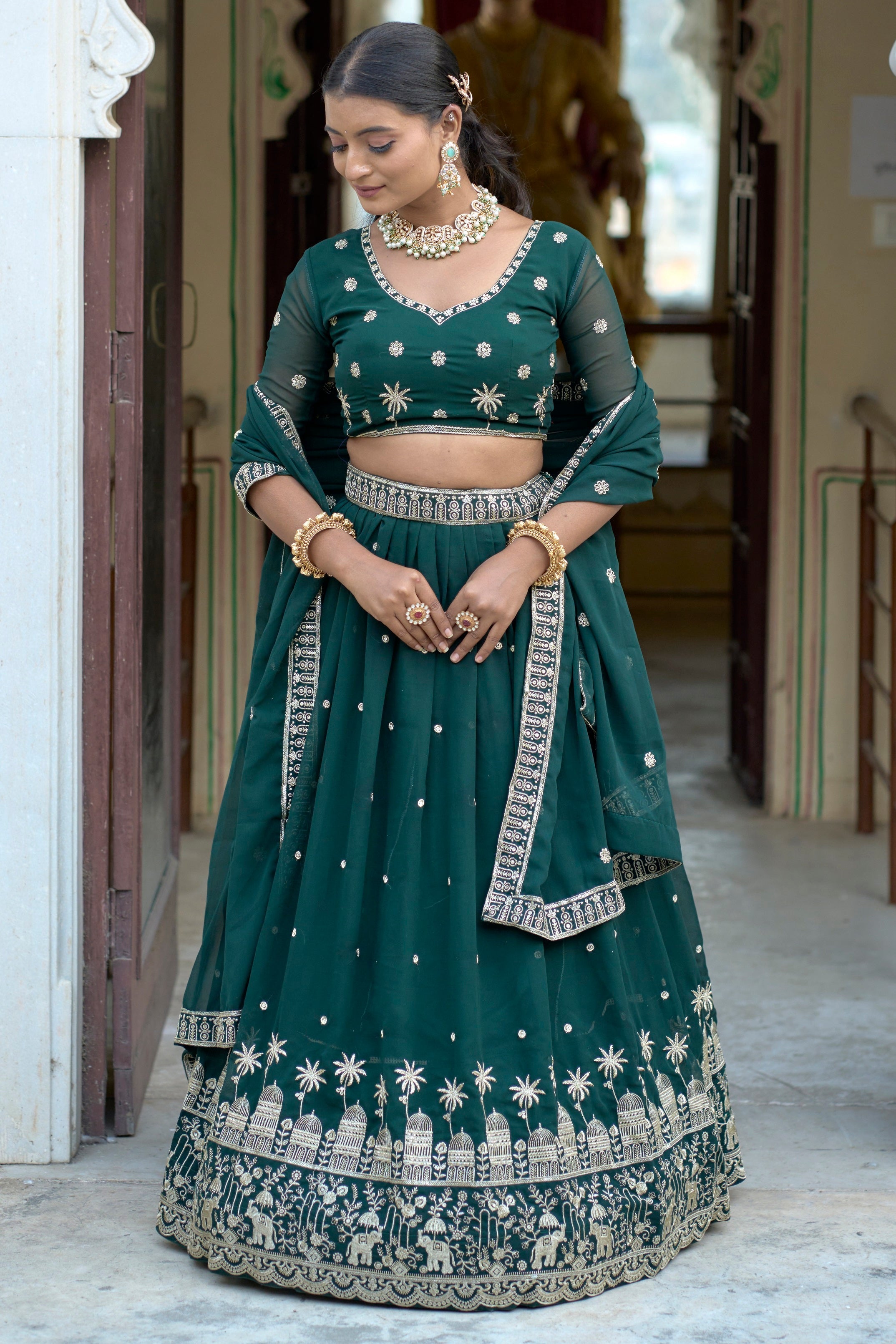 Vedant Vastram Embroidered Heavy Georgette Lehenga Choli With Blouse & Dupatta - Green