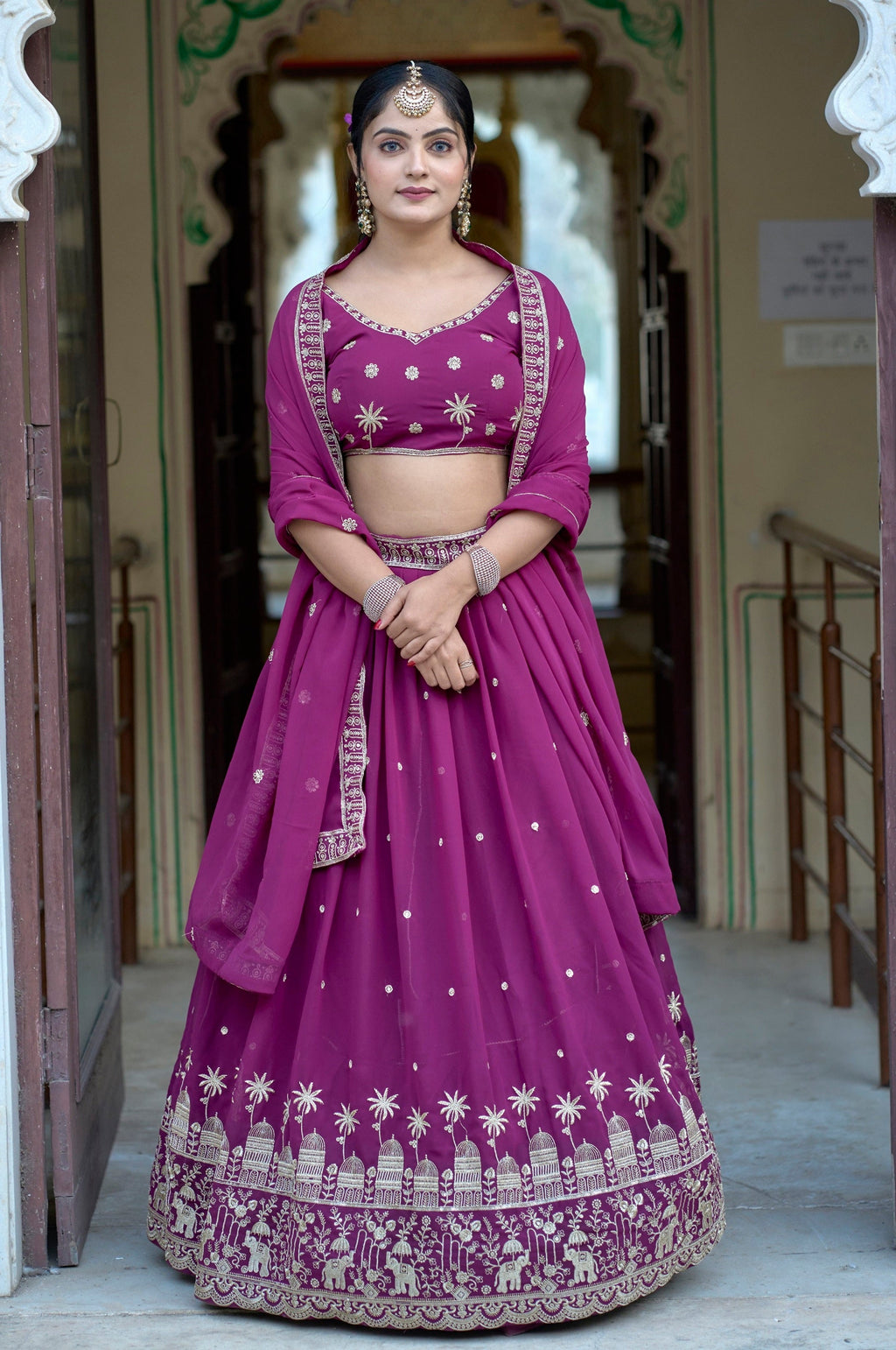 Vedant Vastram Embroidered Heavy Georgette Lehenga Choli With Blouse & Dupatta - Purple