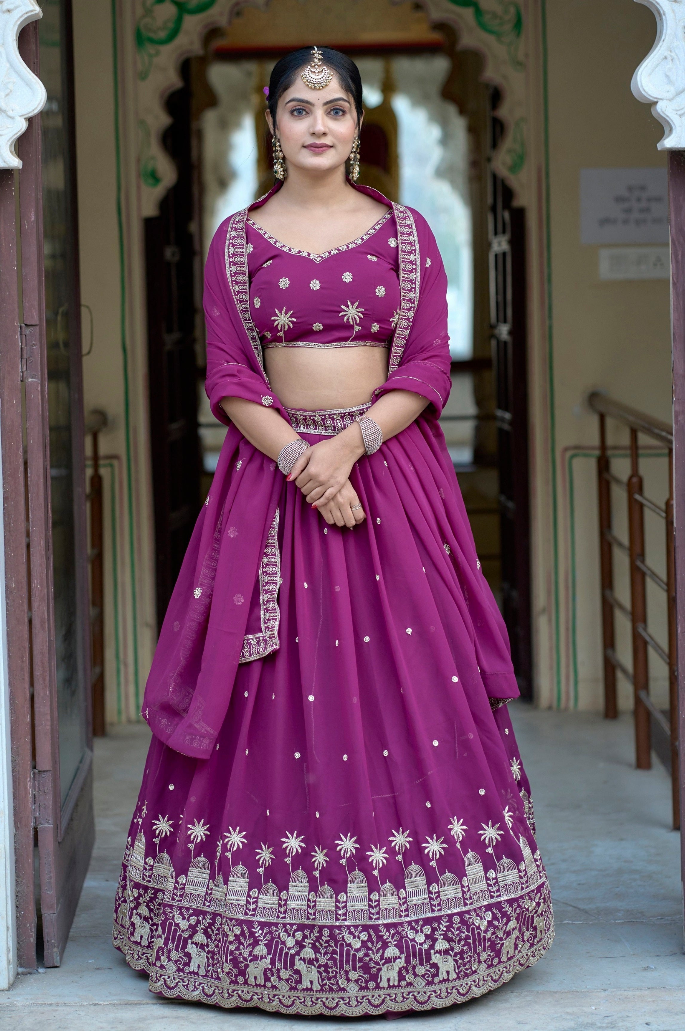 Vedant Vastram Embroidered Heavy Georgette Lehenga Choli With Blouse & Dupatta - Purple