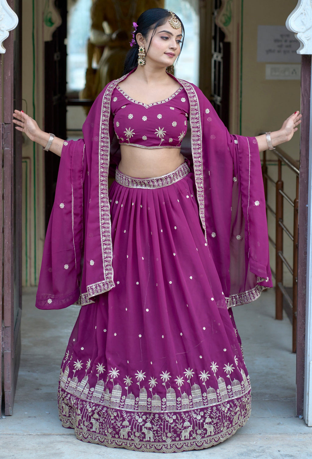 Vedant Vastram Embroidered Heavy Georgette Lehenga Choli With Blouse & Dupatta - Purple