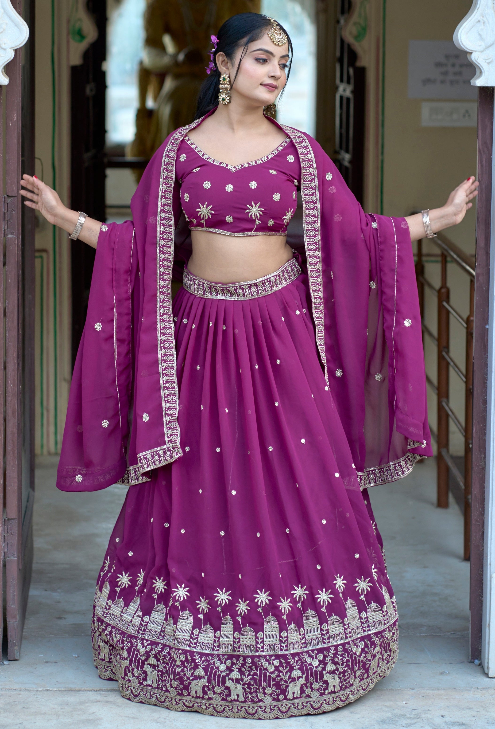 Vedant Vastram Embroidered Heavy Georgette Lehenga Choli With Blouse & Dupatta - Purple