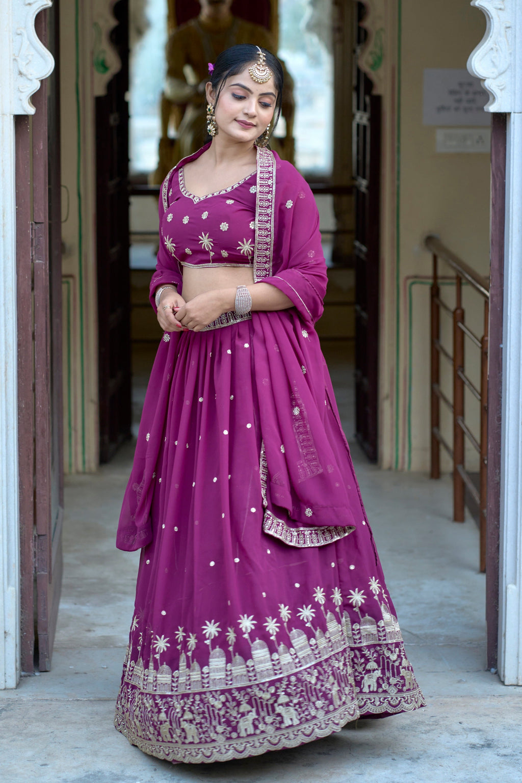 Vedant Vastram Embroidered Heavy Georgette Lehenga Choli With Blouse & Dupatta - Purple
