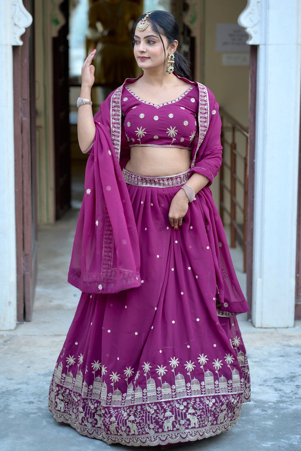 Vedant Vastram Embroidered Heavy Georgette Lehenga Choli With Blouse & Dupatta - Purple