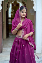 Vedant Vastram Embroidered Heavy Georgette Lehenga Choli With Blouse & Dupatta - Purple