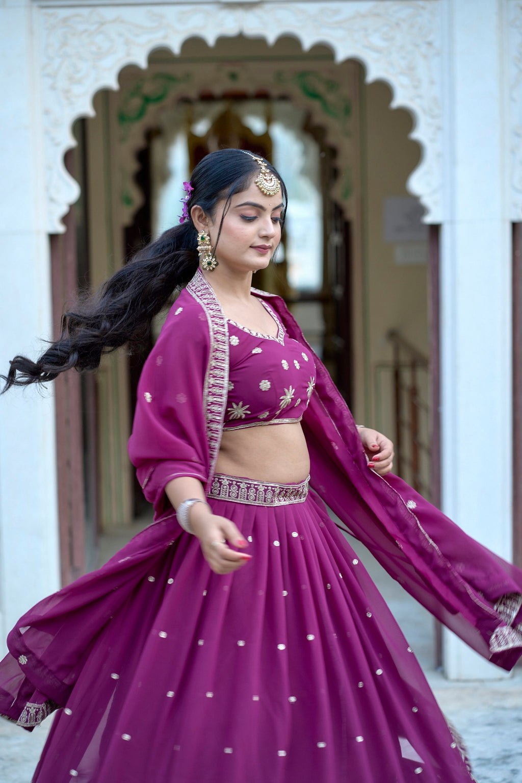 Vedant Vastram Embroidered Heavy Georgette Lehenga Choli With Blouse & Dupatta - Purple
