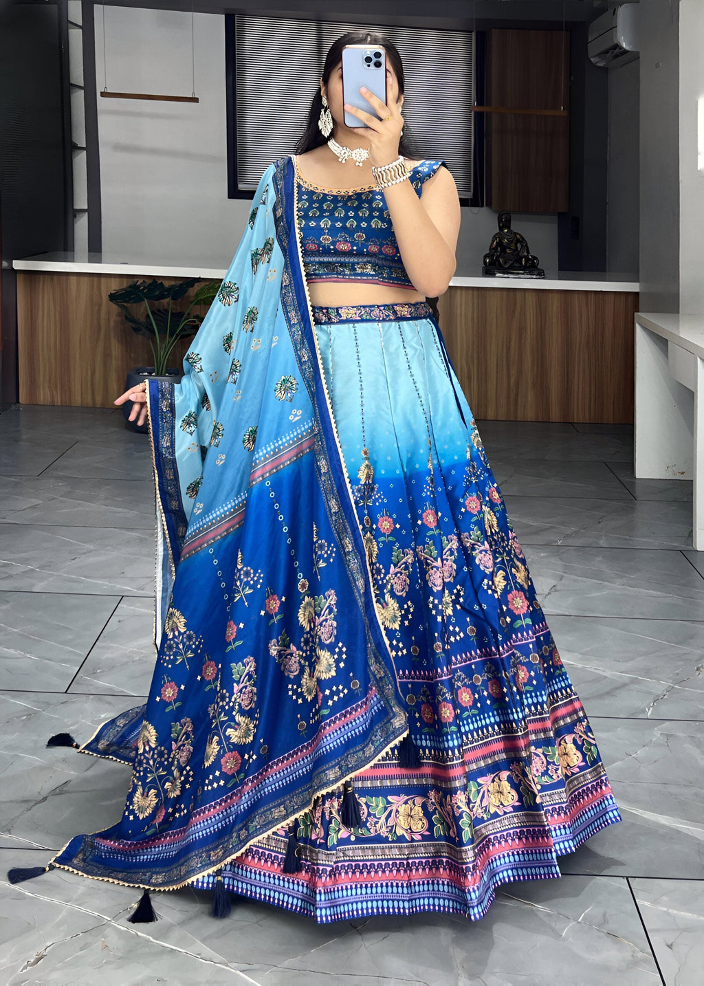 Lehenga Mart Designer Art Silk Printed Lehenga Choli - Blue