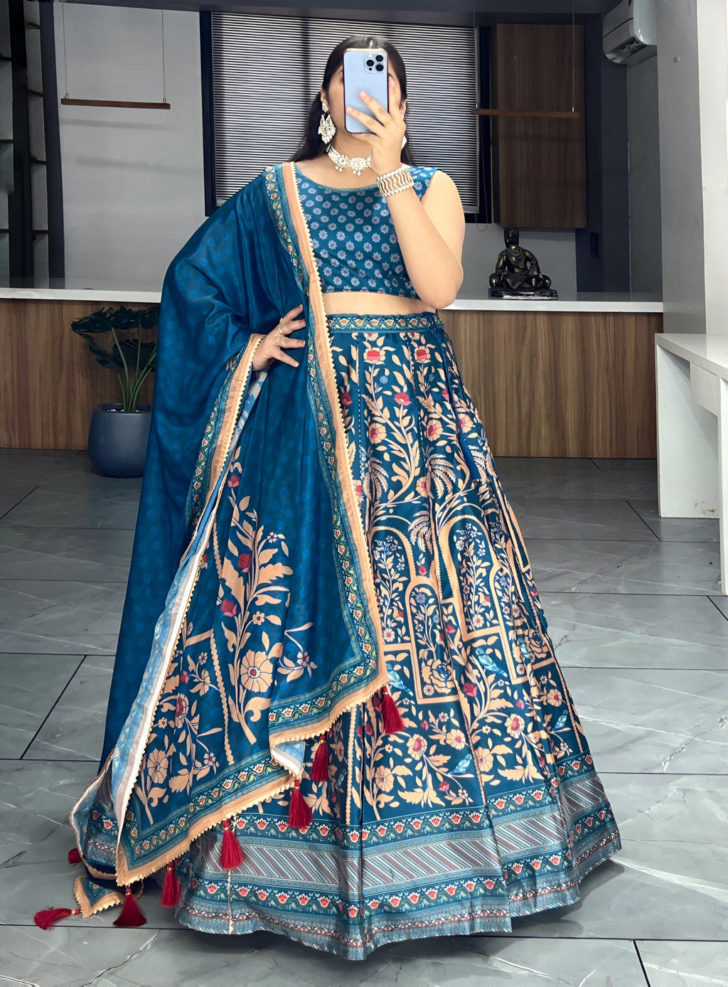 Lehenga Mart Designer Art Silk Printed Lehenga Choli - Rama