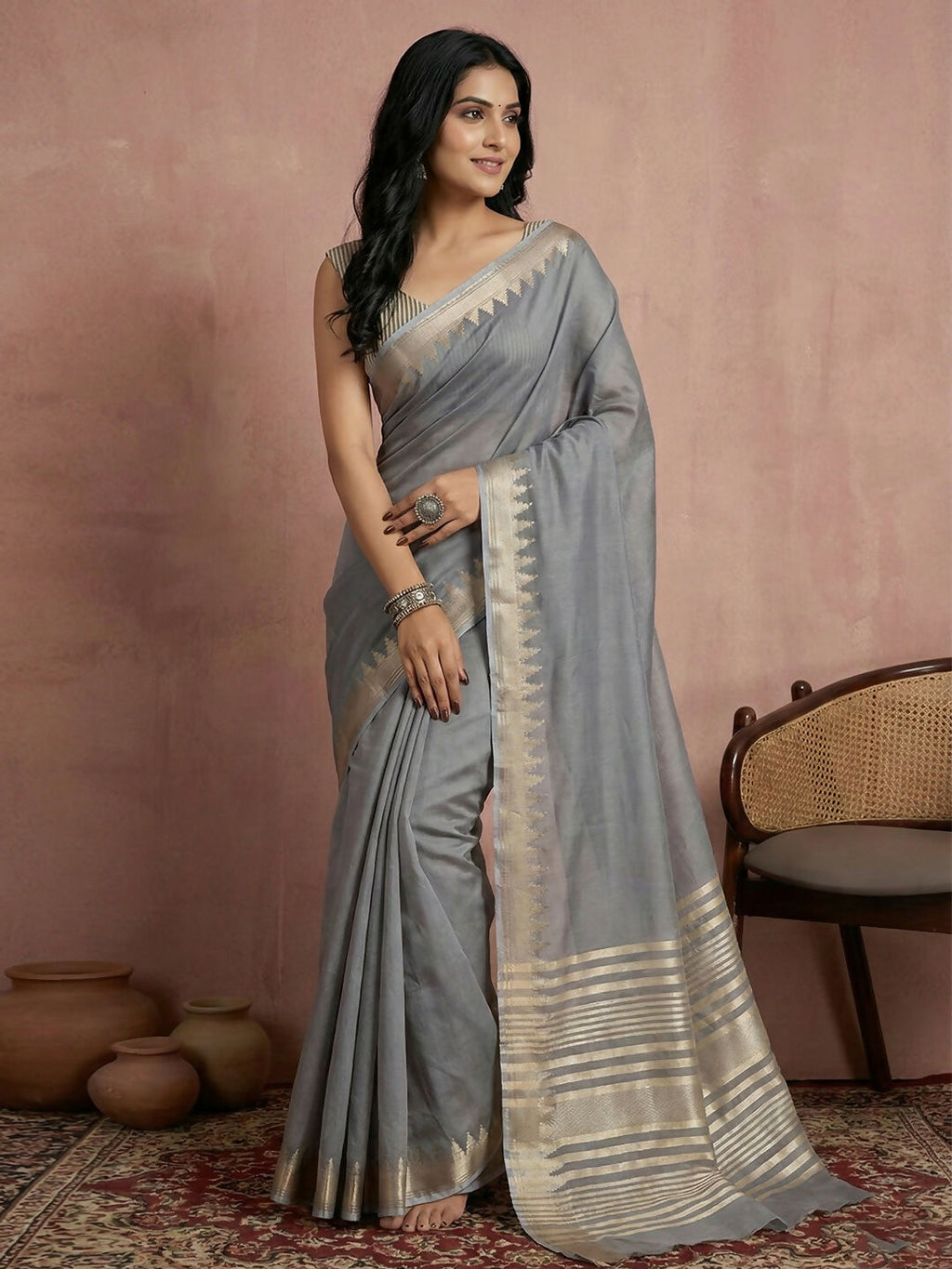 Shree Shyam Fashion Gray Cotton Saree - Distacart