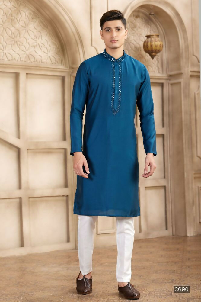 Raivat Ethnic Banarasi Art Silk Mirror Work Kurta Pajama In Blue Colour