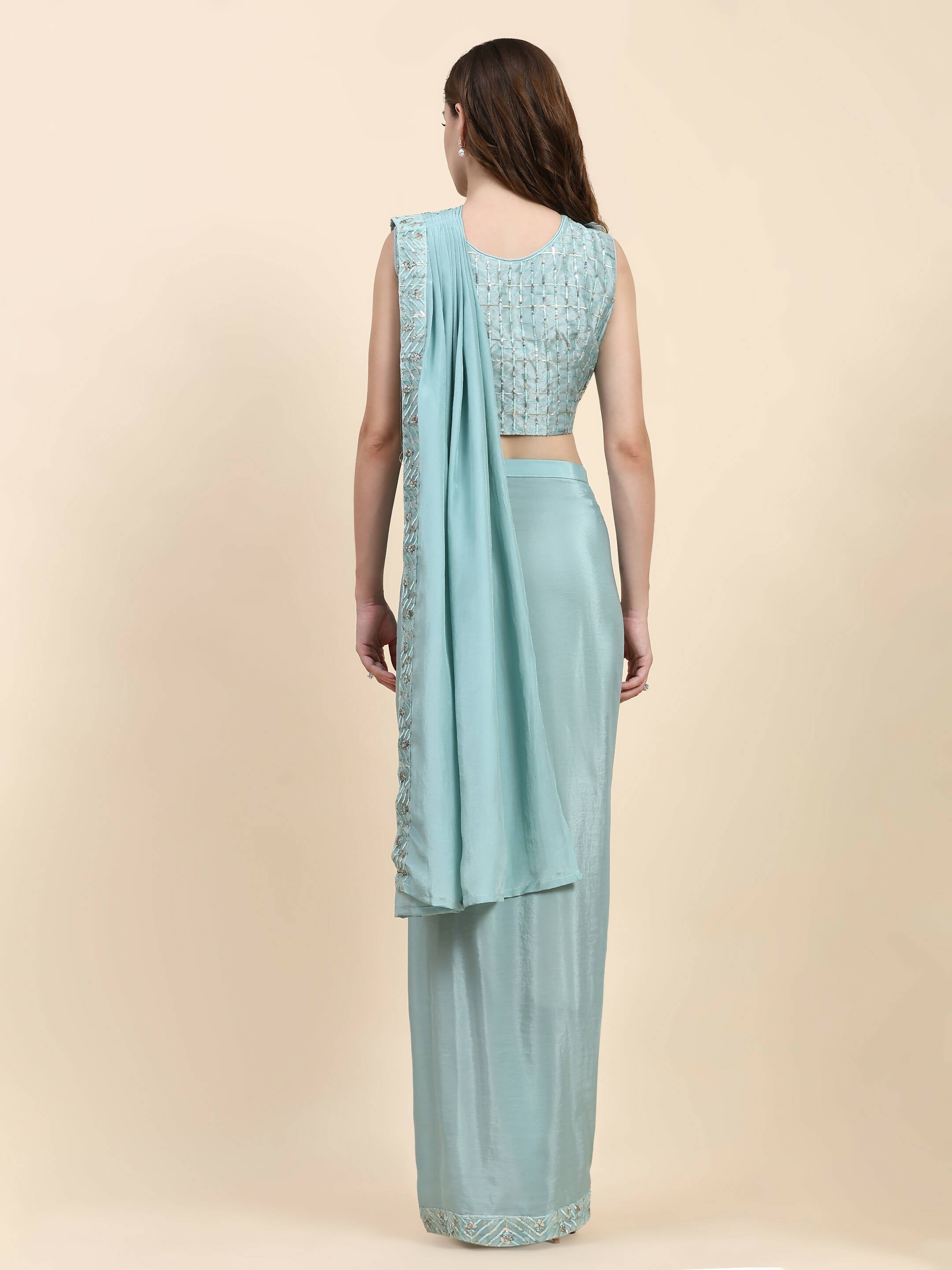 Sky Blue Silk Satin Solid Ready to wear Saree with stitched Blouse - Satiksha