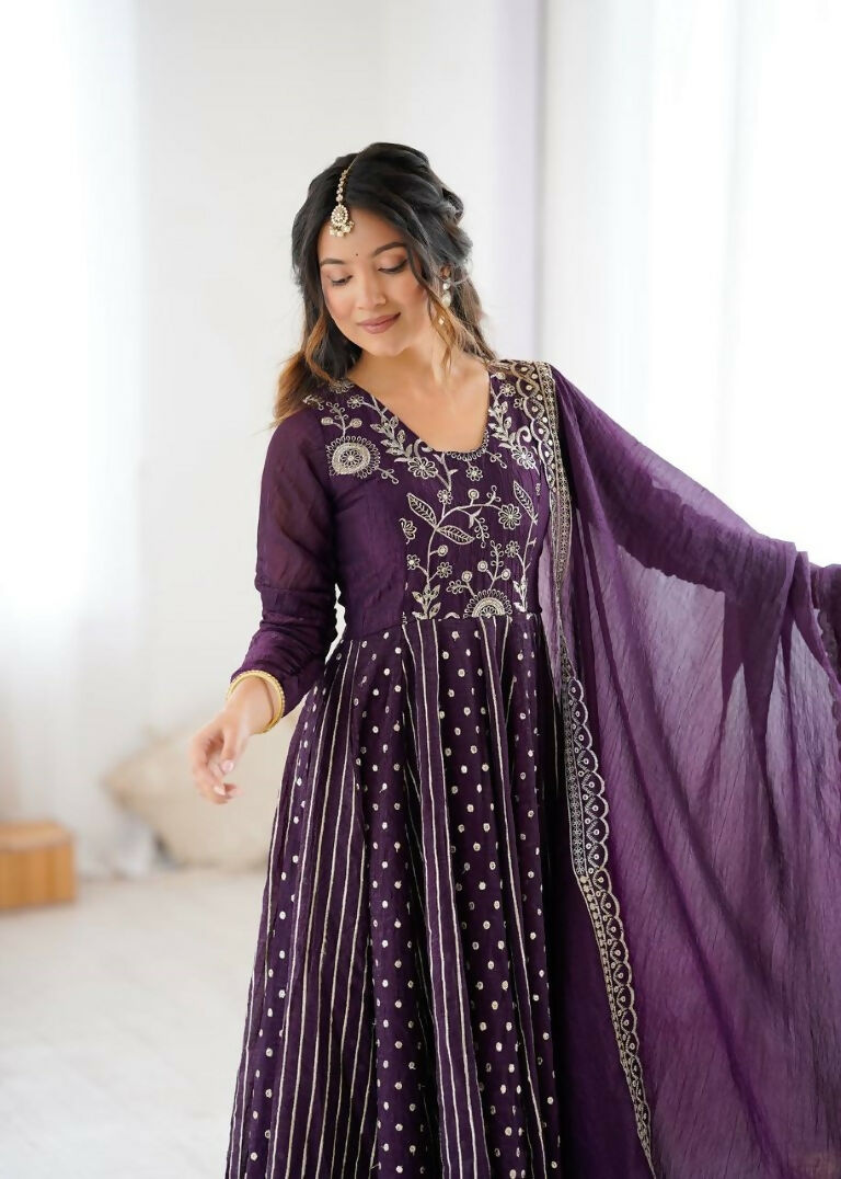 Teeya Creation Violet Color Heavy Crunchy Silk Embroidery Work Gown - Distacart