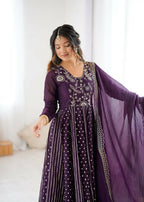 Teeya Creation Violet Color Heavy Crunchy Silk Embroidery Work Gown - Distacart