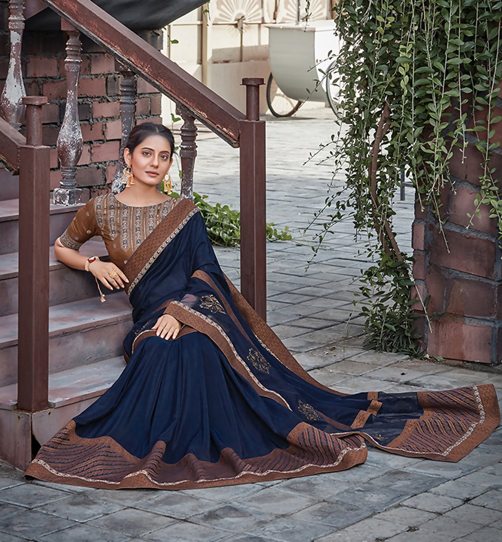 Navy Blue Silkresham And Cord Embroidery, Applique Saree - Norita Hit