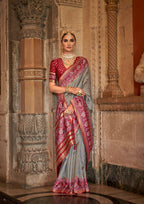 Silver Grey Banarasi Weaving, Ultra Aqua Finish, Zari Work Banarasi Silk Saree - Rath Kunti