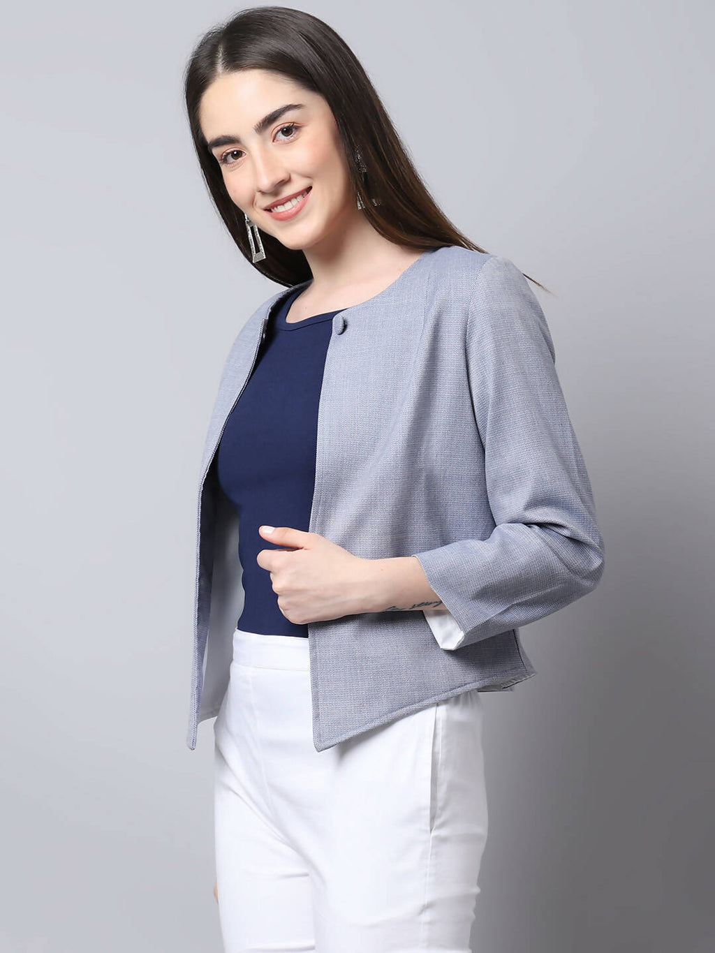 Even Apparels Grey Polywool Open Front Statement Women's Jacket (BF740)