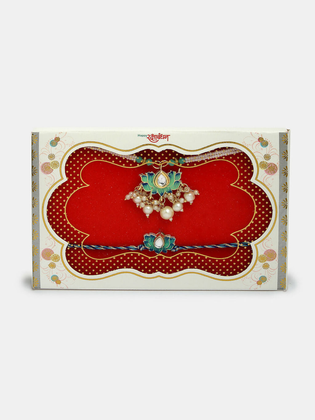 NVR Women & Men Set of 2 Turquoise Blue Lotus Shape Kundan-Studded & Beaded Handcrafted Wraparound Rakhi Set With Roli Chawal - Distacart