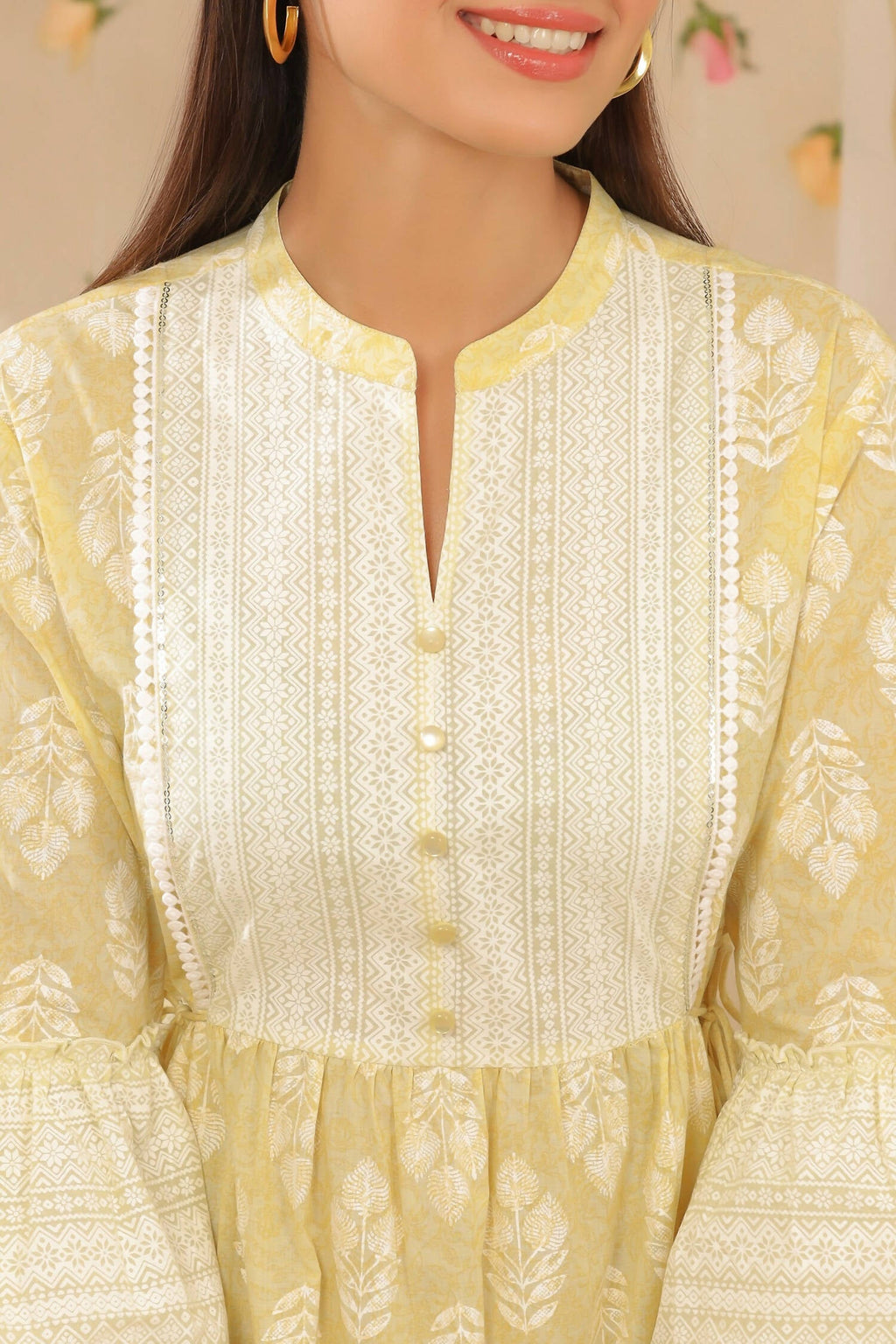 Juniper Womens Limeyellow Cambric Printed Tiered Dress With Flared Sleeve - Distacart