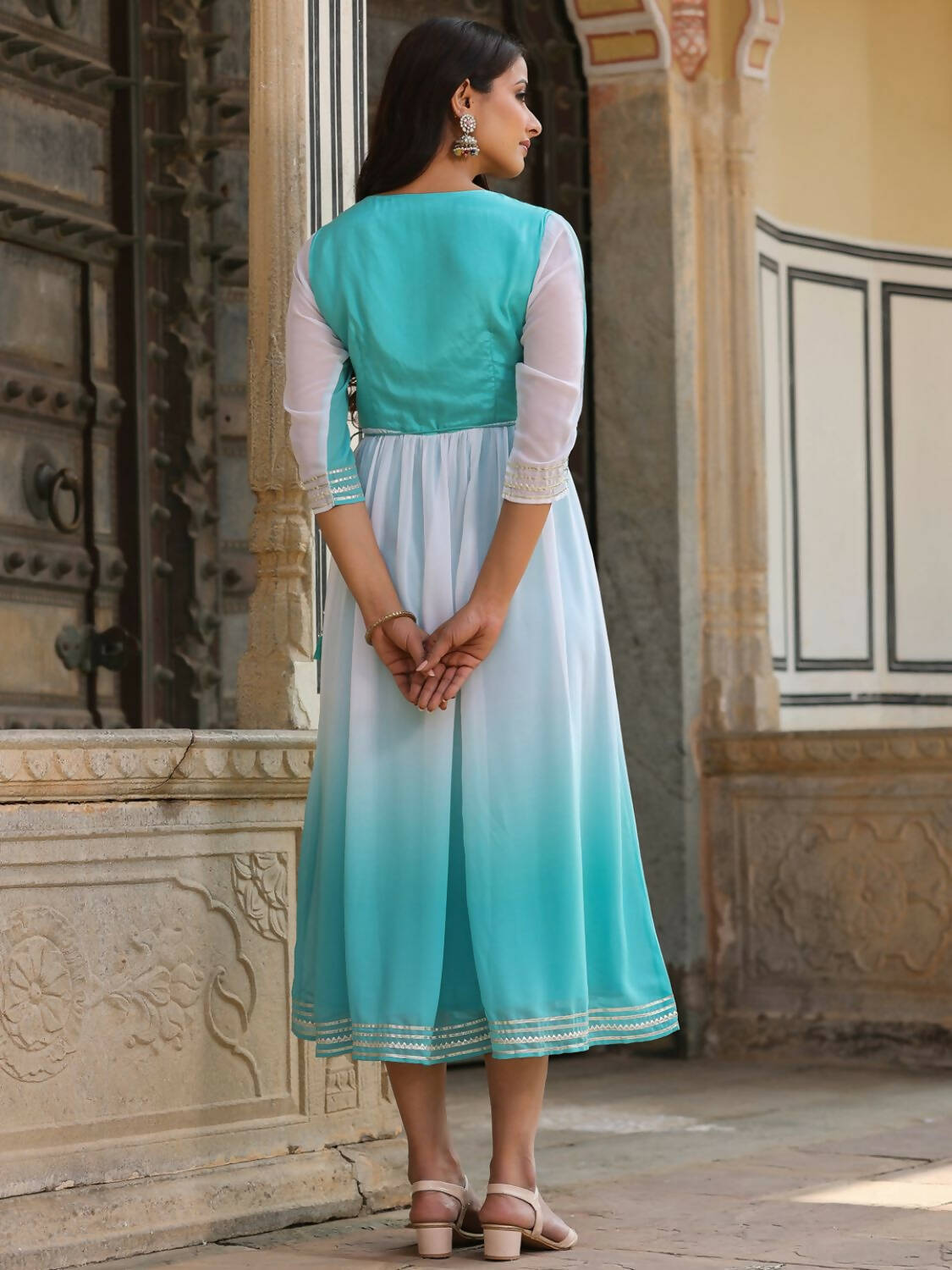 Juniper Women Teal Georgette Embroidered Maxi Dress - Distacart