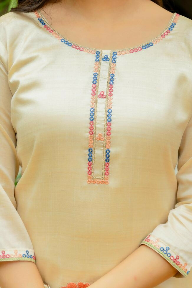 The52 Chiku Women's Beautiful Thread Work Viscose Assam Silk Fabric with Straight Kurta, Pant and Dupatta Set - Distacart