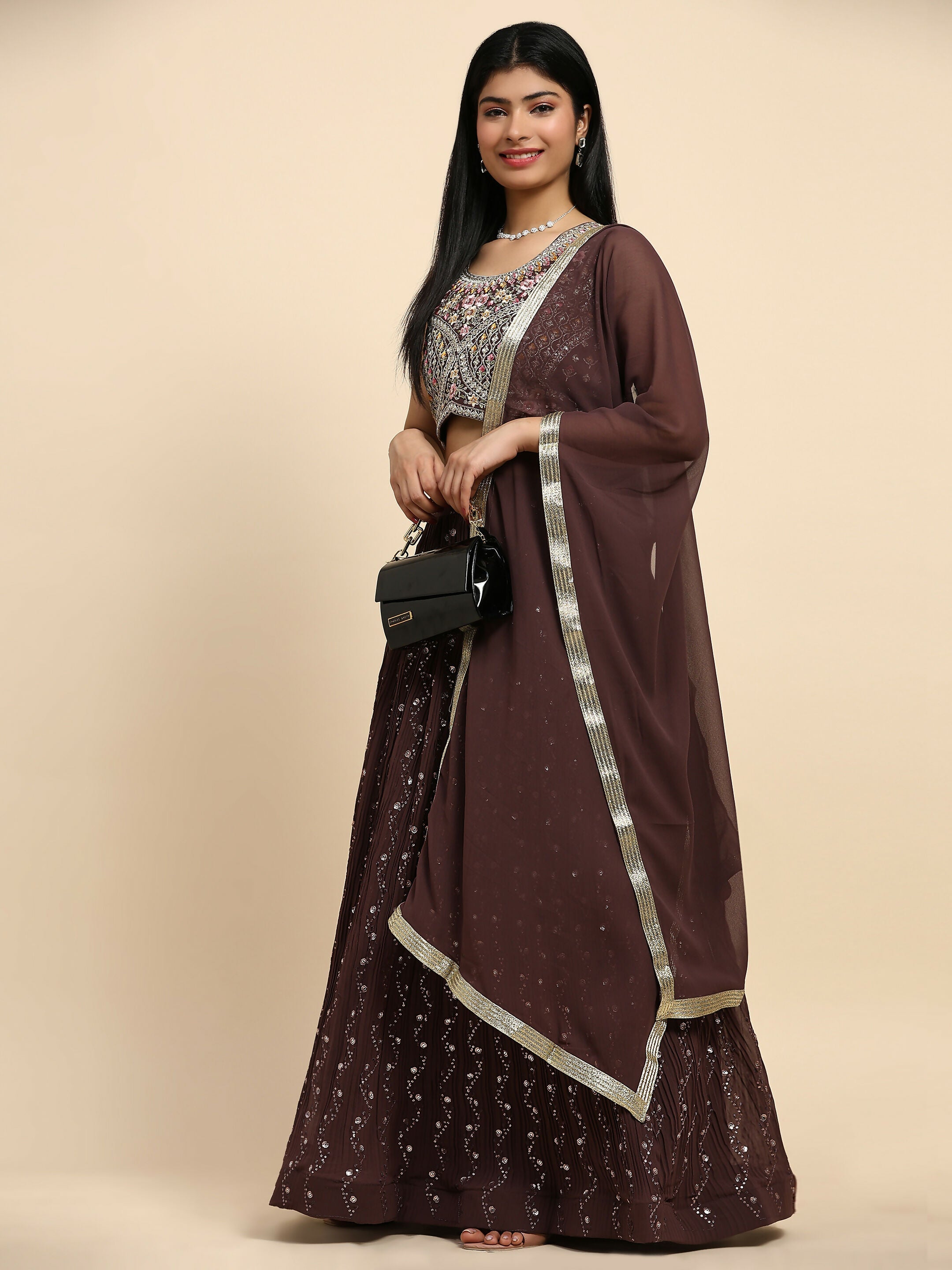 Brown Georgette Embroidered Lehenga choli with Dupatta - Dhara