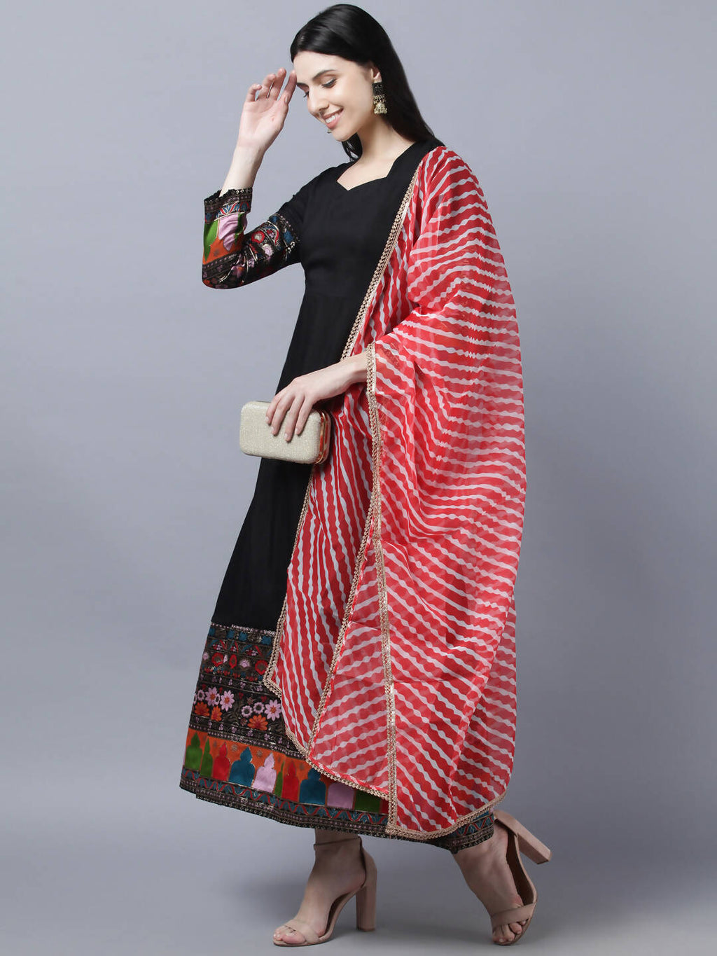 Myshka Women Black Embroidered Detail Anarkali Kurta With Dupatta - Distacart