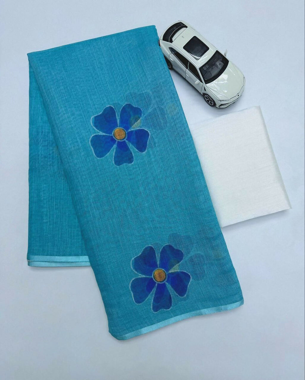 Prime Volt Women's Sky Blue Floral Digital Print Soft Linen Saree With Blouse - Distacart