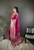 Joban Fashion Pink Elephant & Floral Motifs Soft Lichi Silk Banarasi Saree - Distacart
