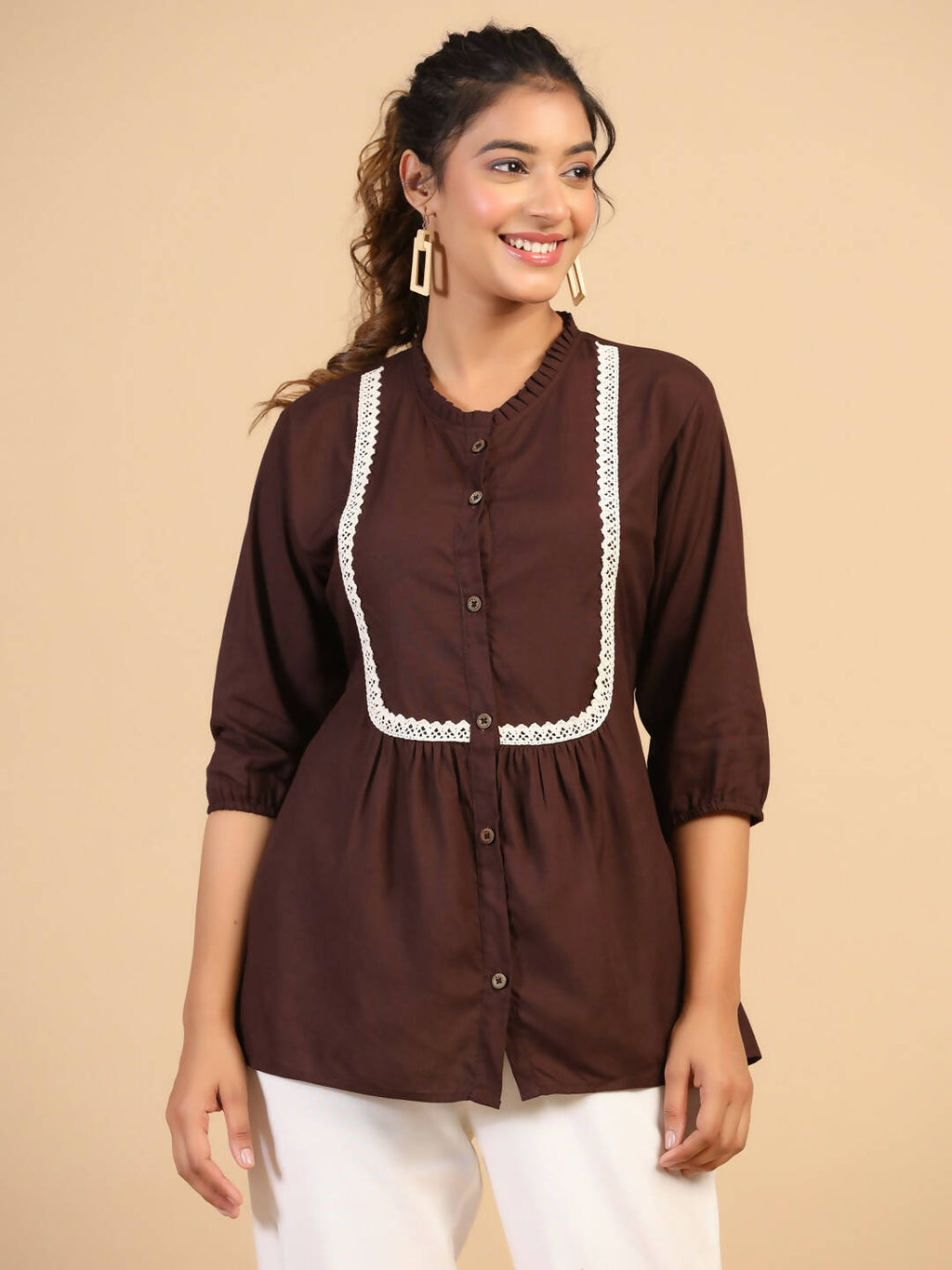 Womens Brown Rayon Solid Top - Keeva