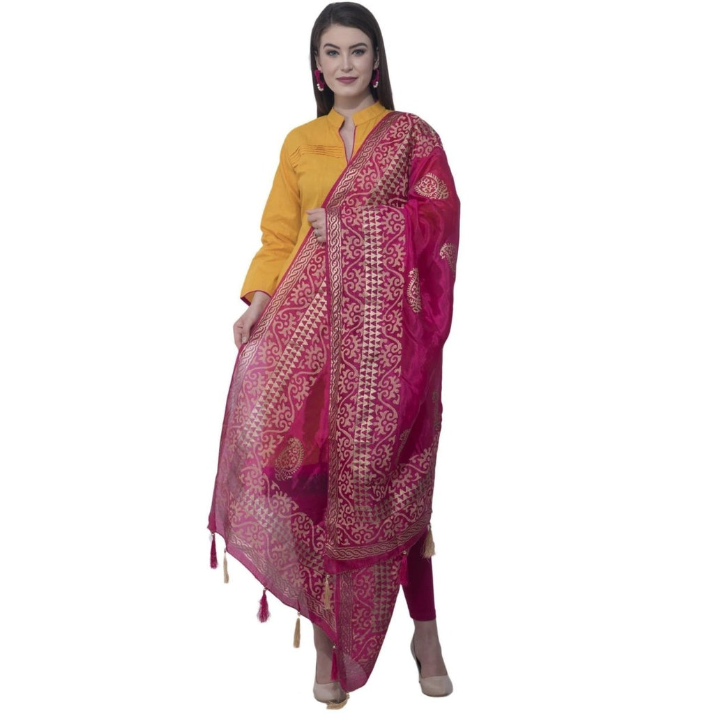 A R SILK Rani Color Silk Pahadi Print Dupattas and Chunnis