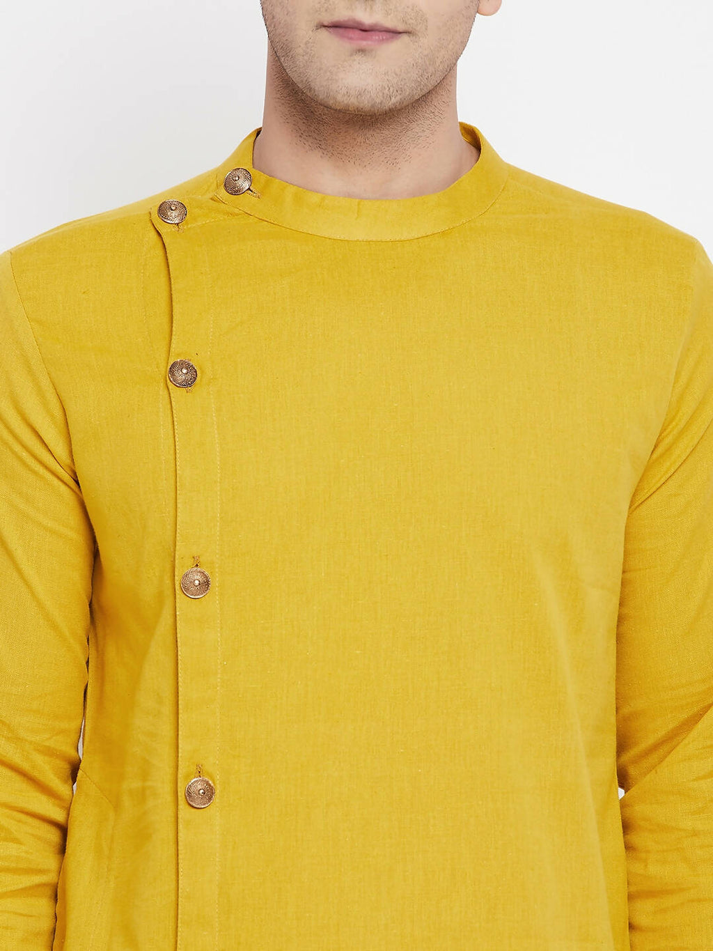 Even Apparels Yellow Pure Cotton Men's Sherwani Kurta With Asymetrical Cut - Distacart