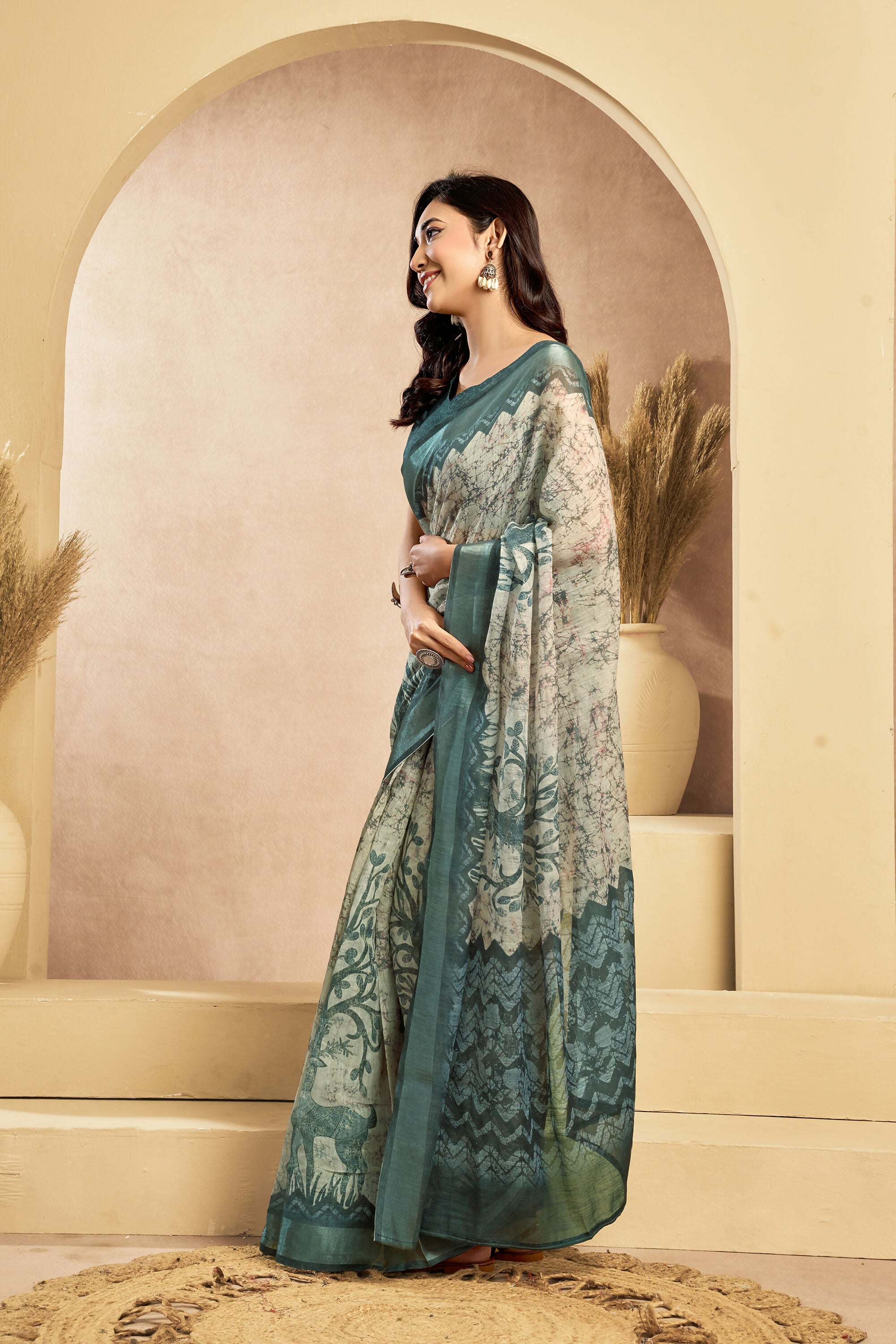 Vastranavya Digital Printed Linen Ready To Wear Designer Saree with Unstitched Blouse - Distacart