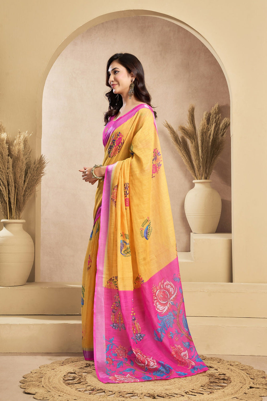 Vastranavya Mustard Digital Printed Linen Ready To Wear Designer Saree with Unstitched Blouse - Distacart