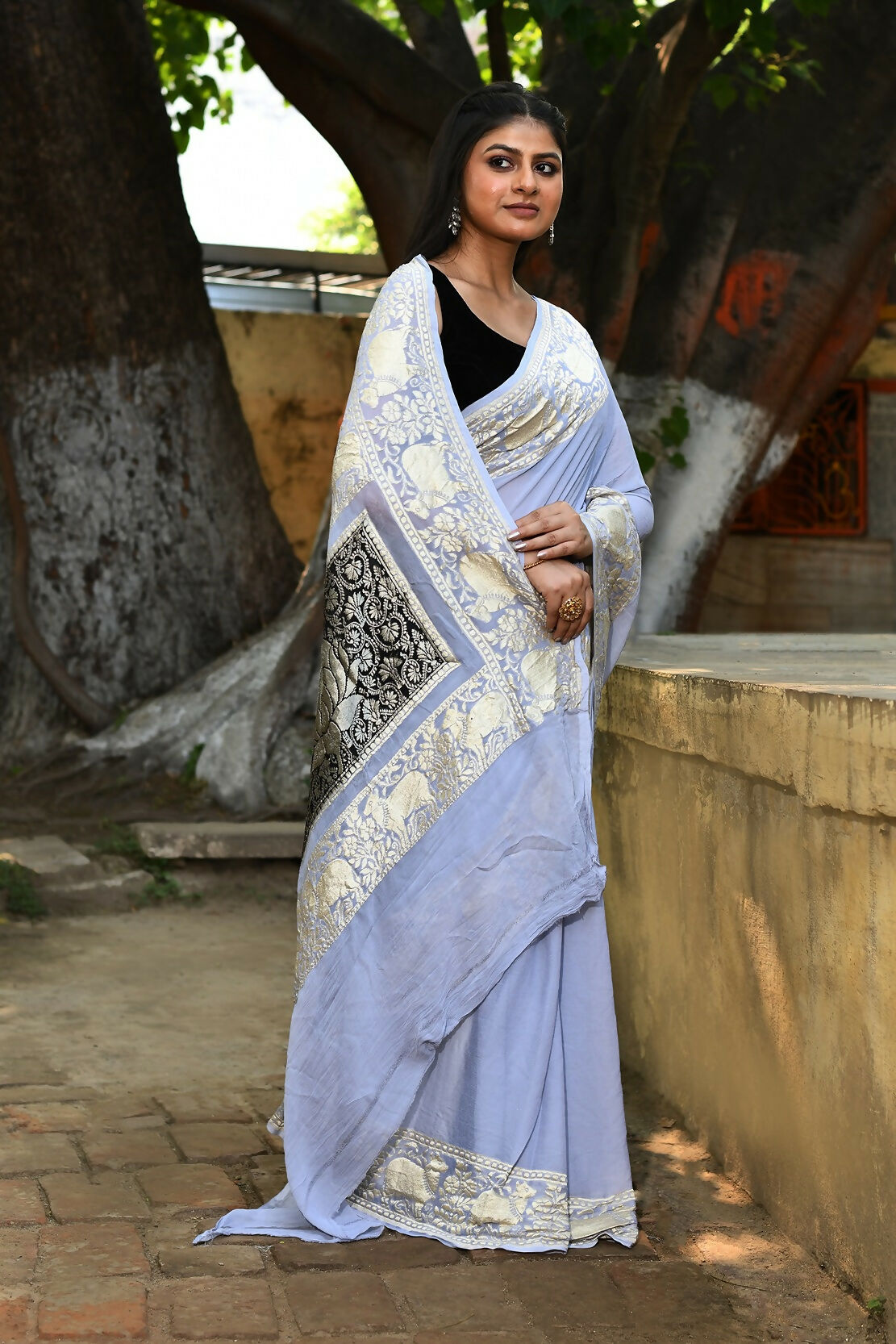 Joban Fashion Silver Crepe Chiffon Pure Handloom Banarasi Silk Saree