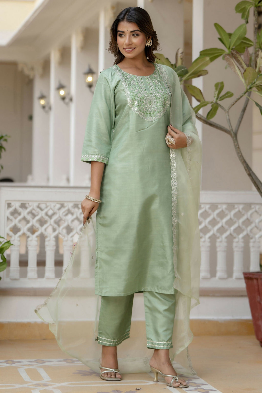 Vellora Pista Silk Blend Casual Suit with Elegant Thread Work