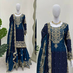 The52 Women's Beautiful Chinon silk Fabric Embroidery Work Straight Kurta Palazzo and Dupatta Set - Distacart