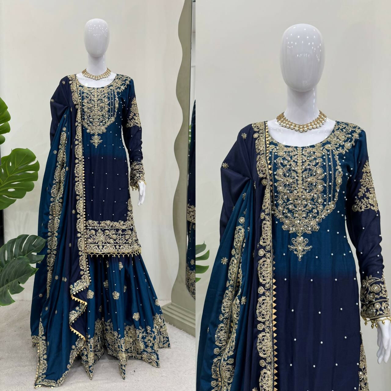 The52 Women's Beautiful Chinon silk Fabric Embroidery Work Straight Kurta Palazzo and Dupatta Set - Distacart