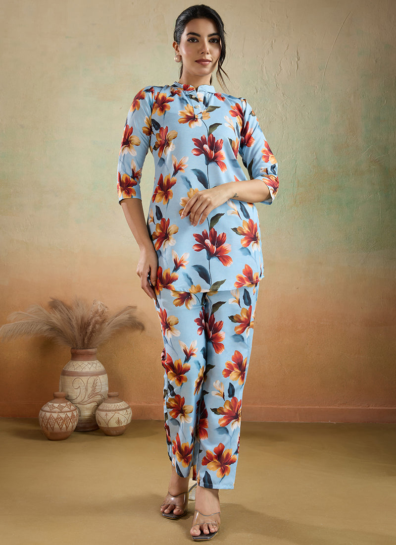 Prazu Fashion Sky Blue Printed Cotton Blend Co-Ord Set - Distacart
