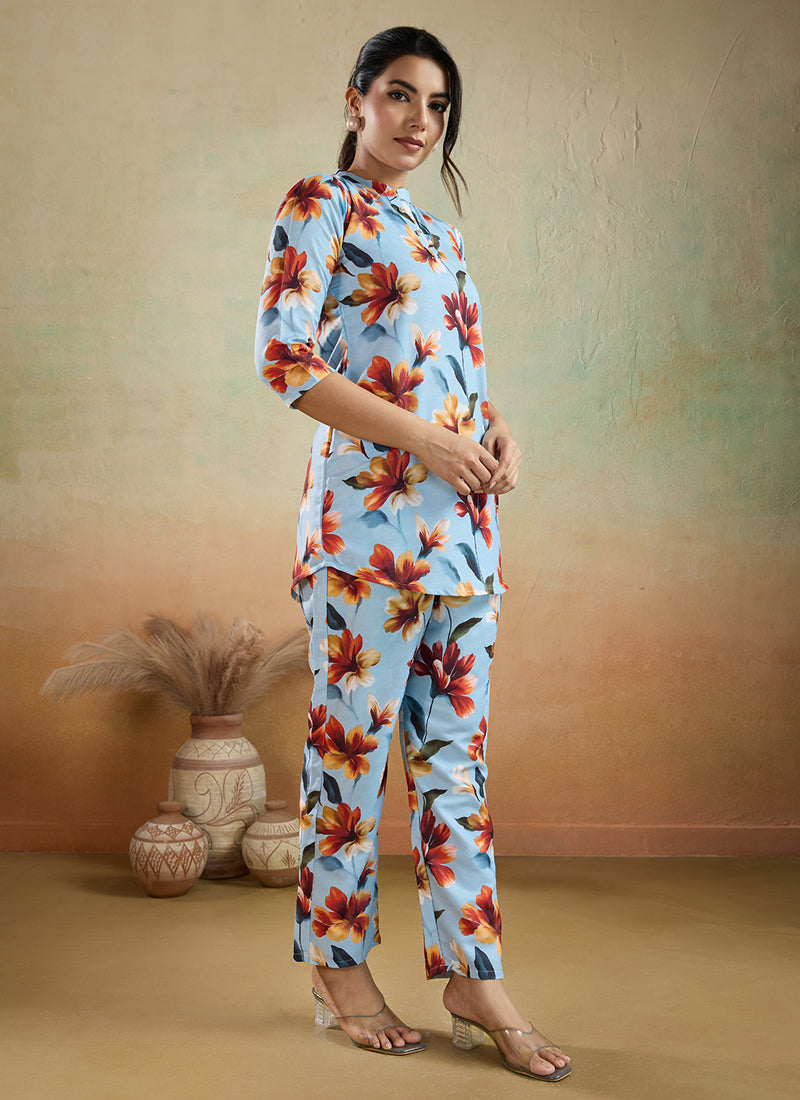 Prazu Fashion Sky Blue Printed Cotton Blend Co-Ord Set - Distacart