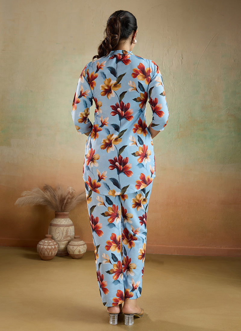 Prazu Fashion Sky Blue Printed Cotton Blend Co-Ord Set - Distacart