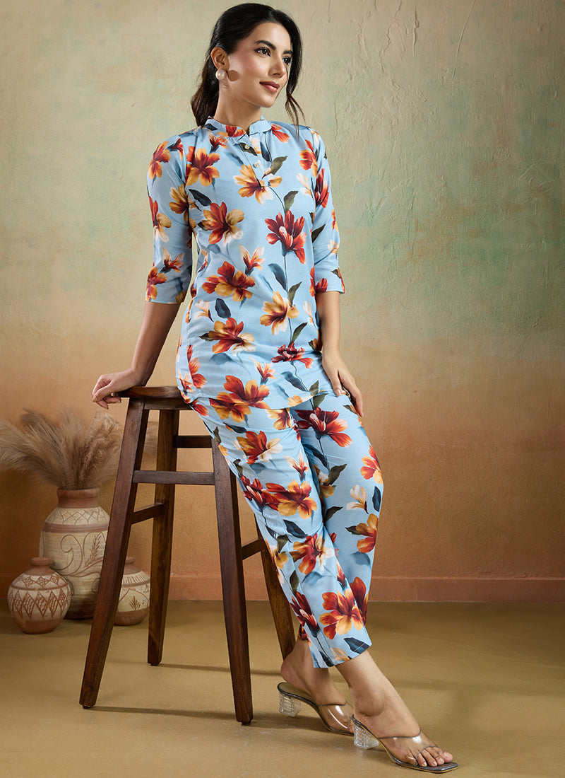 Prazu Fashion Sky Blue Printed Cotton Blend Co-Ord Set - Distacart
