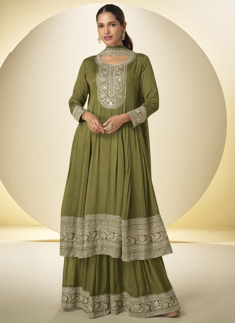 Vegaa Fashion Mehendi Chinon Silk Embroidered Designer Salwar Palazzo Suit - Distacart
