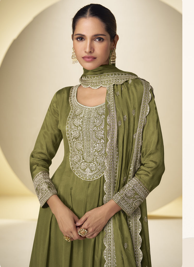 Vegaa Fashion Mehendi Chinon Silk Embroidered Designer Salwar Palazzo Suit - Distacart