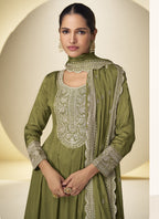 Vegaa Fashion Mehendi Chinon Silk Embroidered Designer Salwar Palazzo Suit - Distacart
