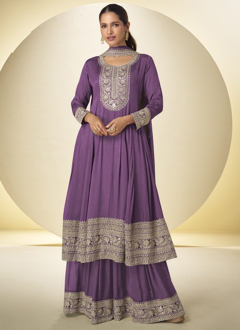 Vegaa Fashion Lavender Chinon Silk Embroidered Designer Salwar Palazzo Suit - Distacart