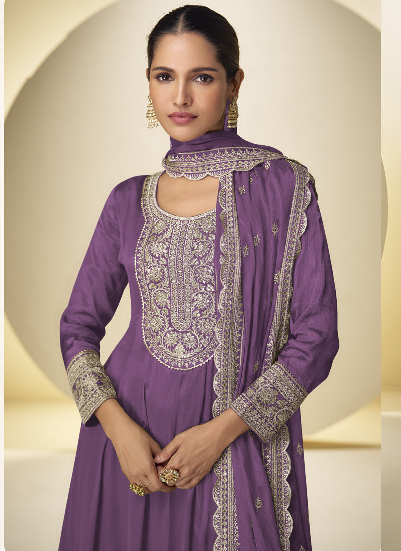 Vegaa Fashion Lavender Chinon Silk Embroidered Designer Salwar Palazzo Suit - Distacart