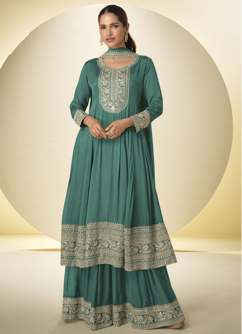 Vegaa Fashion Rama Green Chinon Silk Embroidered Designer Salwar Palazzo Suit - Distacart